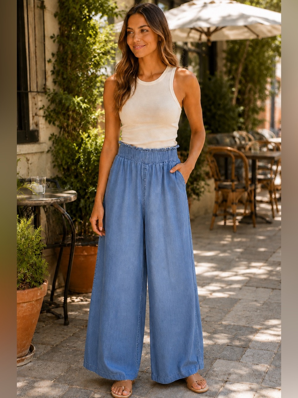 Sincerely Jules Chambray Wide Leg Pull On Pants Smocked & High Waist, Small